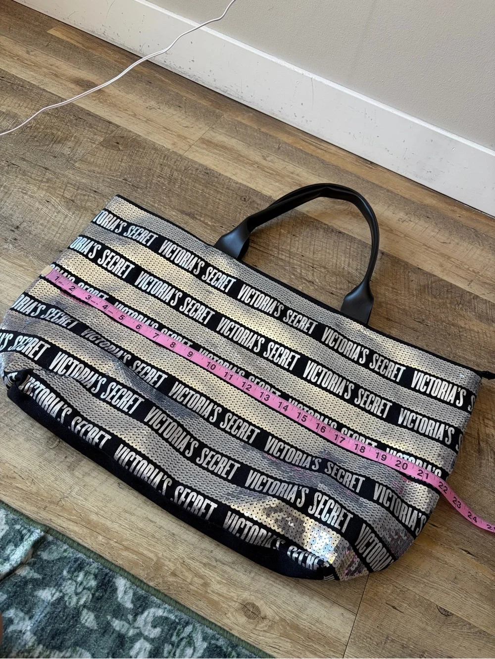 Victoria’s Secret Silver and Black Sequin Striped Weekender Canvas Tote Bag